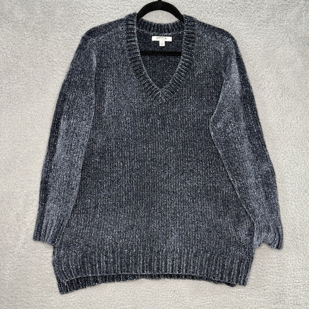 Orvis Chenille Tunic Sweater Gray Plush Womens Large V Neck Raglan Pullover L